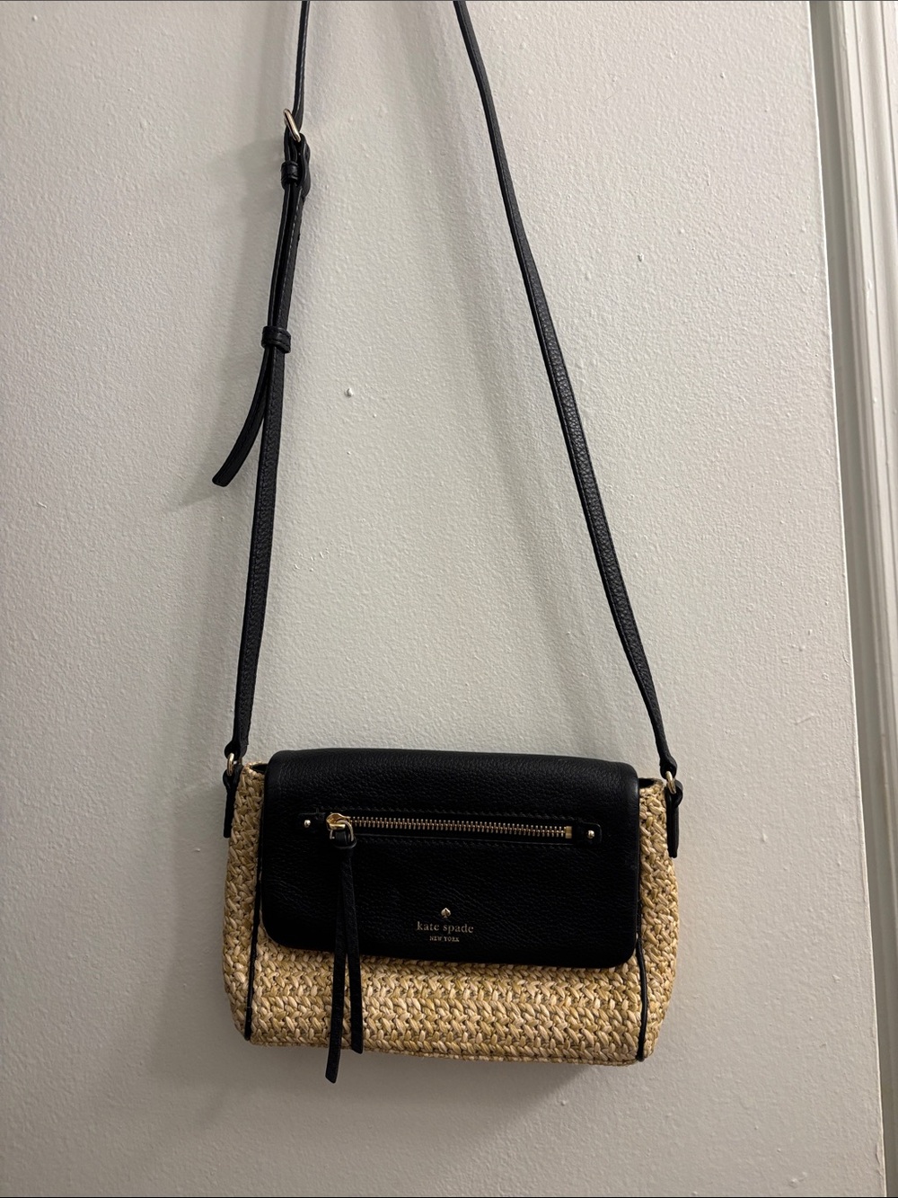 kate spade Black and Natural Straw Crossbody Bag